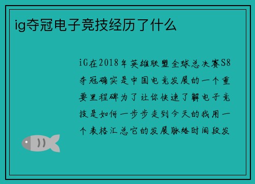 ig夺冠电子竞技经历了什么